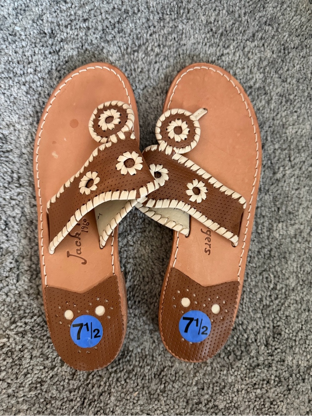 Jack Rogers Brown and White Leather Daisy Sandals
